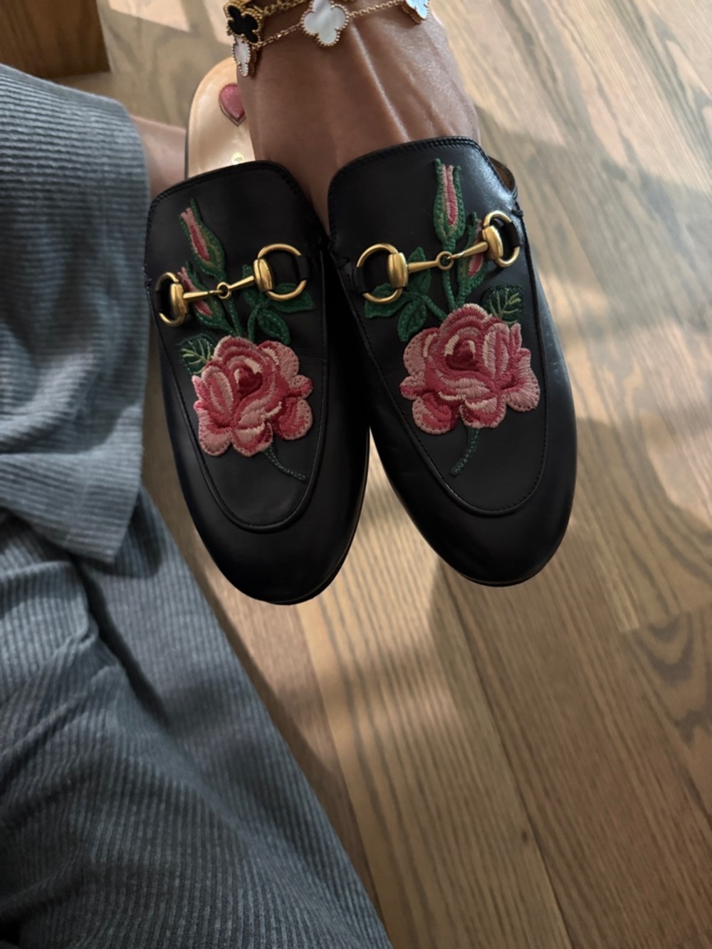 Gucci Black Leather Mules with Pink Rose Embroidery and Gold Horsebit - Picture 3 of 4